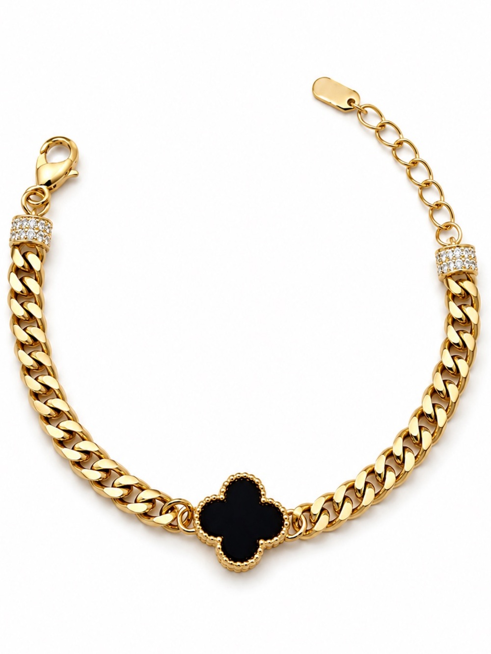 14K Gold Plated Black Clover Bracelet with Zirconia Adjustable Rhodium Plated